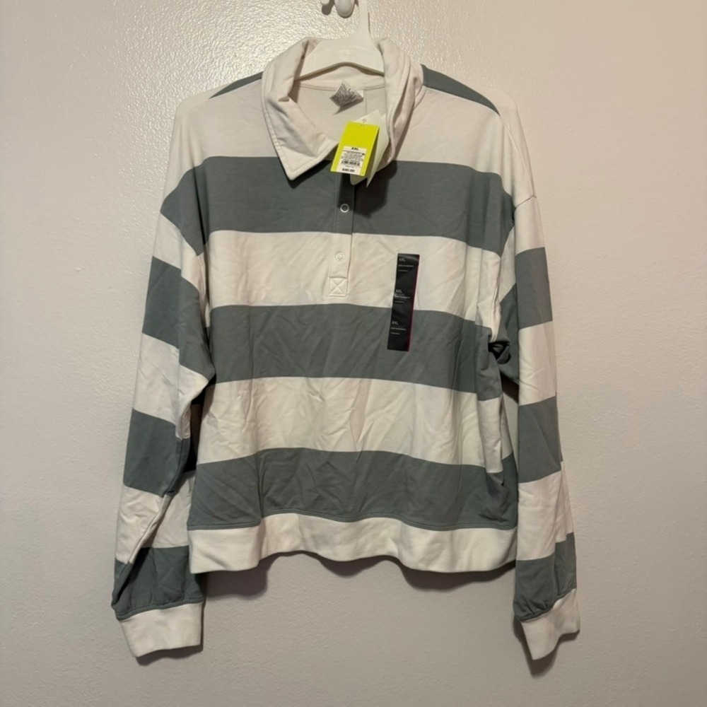 JoyLab Women XXL Sage Green Striped Modal French Terry Polo Sweatshirt NWT